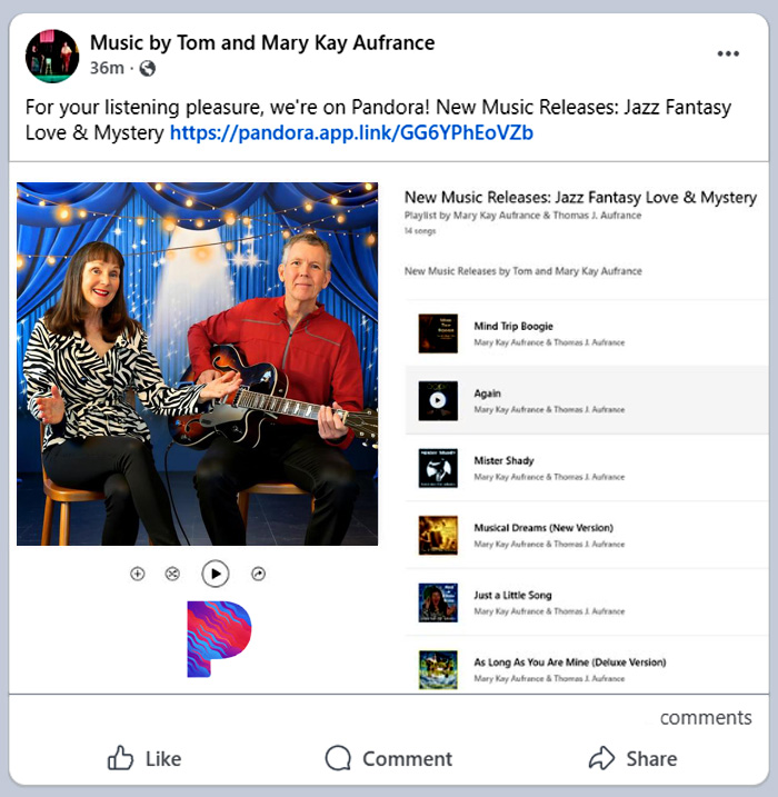 Link to Tom and Mary Kay Aufrance New Releases on Pandora